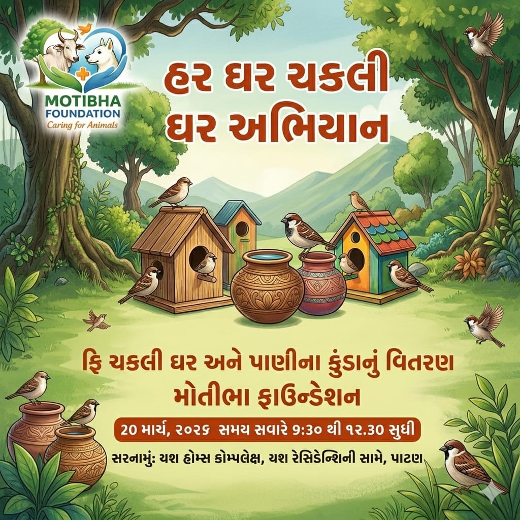 "હર ઘર ચકલી ઘર અભિયાન" ફ્રી ચકલીના માળા અને પાણીના કુંડાનું વિતરણ
